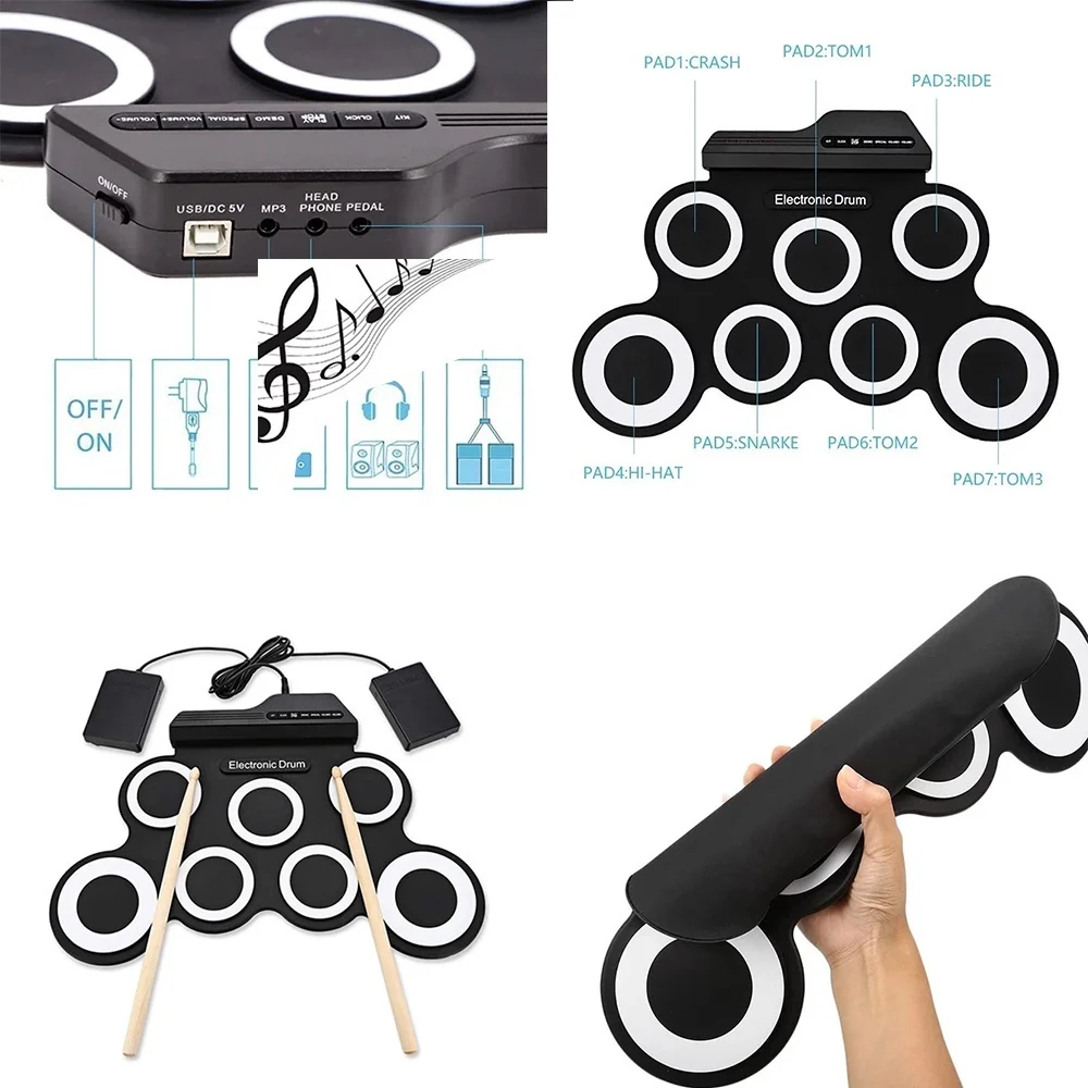 Electronic Drum Set USB Roll-Up Silicon Drums Pad Digital Foldable Electric Portable Compact Size Kit Hand Practice With Pedal