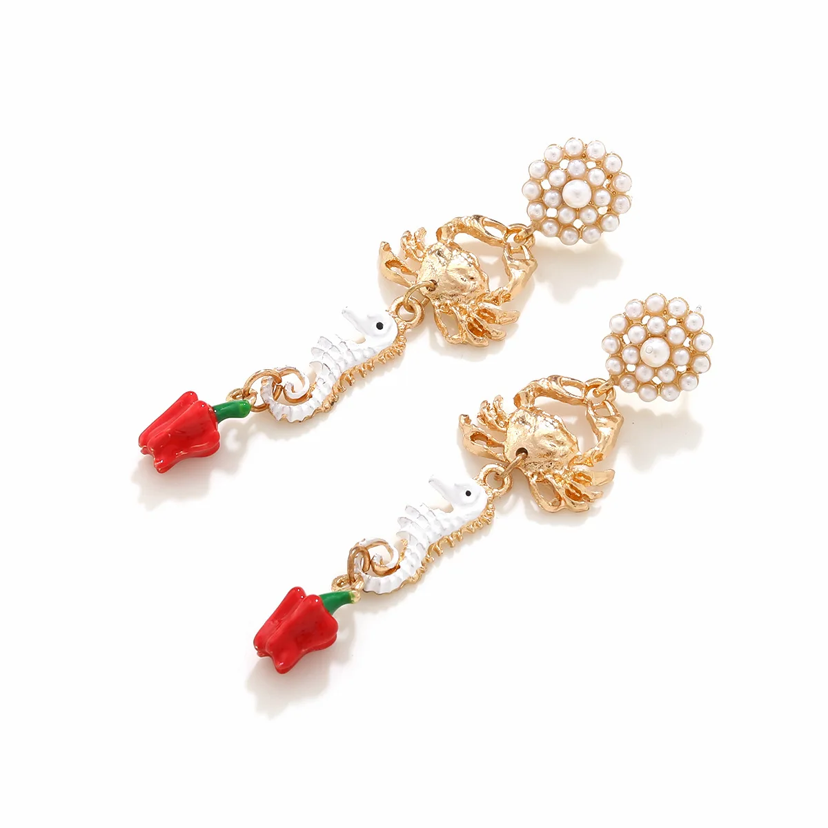 Exaggerated creative alloy dripping oil long seahorse crab pepper pendant earrings retro marine animal earrings