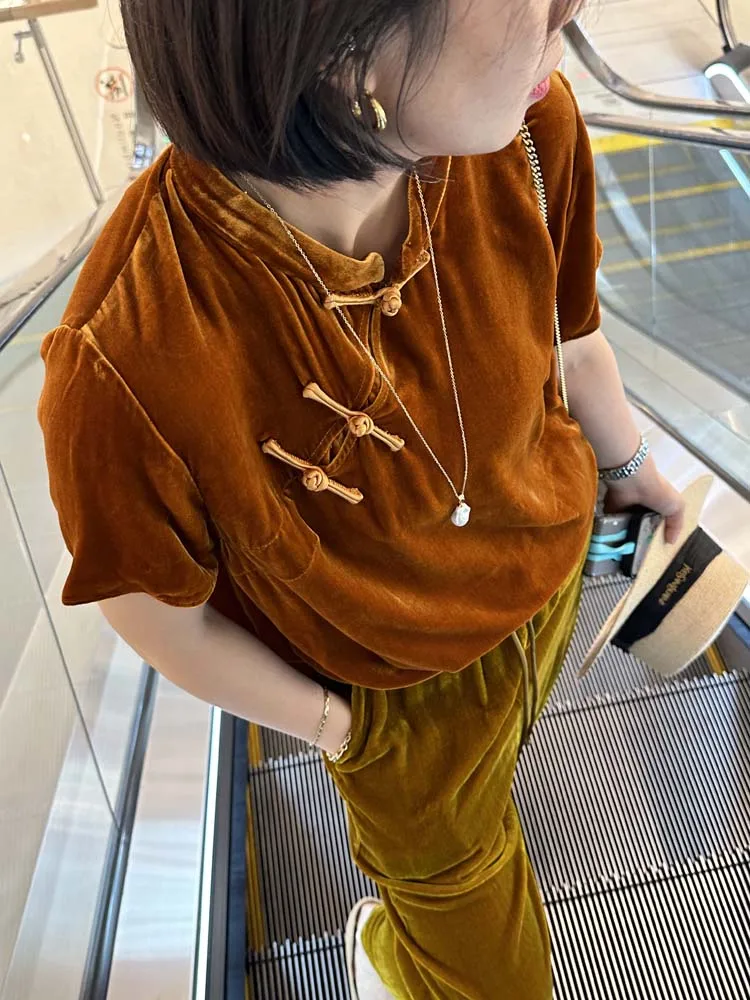 

Ele Vintage Chinese Sle Velvet irt Women's Faionable Collar Button up Top Silk Fabric ort Sve Straight Cut