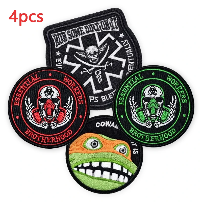 4pcs Hook And Loop Nylon Buckle Brotherhood Badges Skull Patch Tactical Anime Embroidered On Backpack For Clothing Outdoor Sew