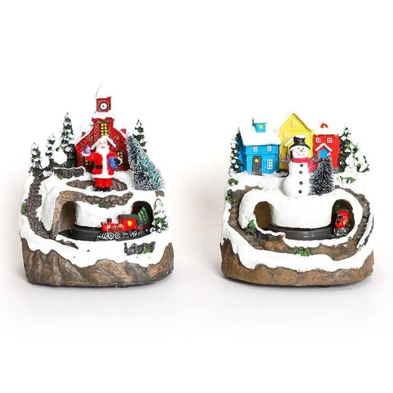 

For Creative Lights Christmas Small Train Village House Luminous Landscape Snow Figurines Resin Desktop Ornament