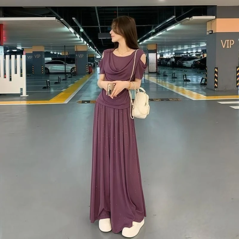 Women's Premium Stylish Hollow Cutout Set Summer New Arrival Casual Off Shoulder Short Sleeve Wide Leg Pants Two Piece Outfit