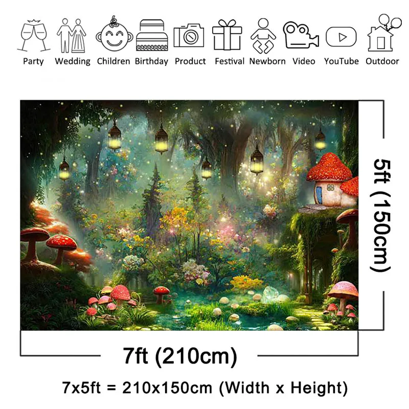 MOCSICKA Fairy Tale Forest Photography Backdrop Mushroom House Tree Fireflies Boys Birthday Decor Banners Kids Photo Background