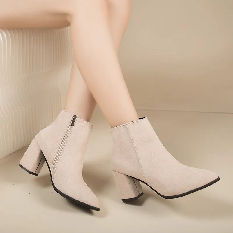 Suede Thick Heel Women's Boots 2024 New Round Head Side Zipper Fashion Casual Mid Heel Short Leg Fashion Boots Women's Boots image 2