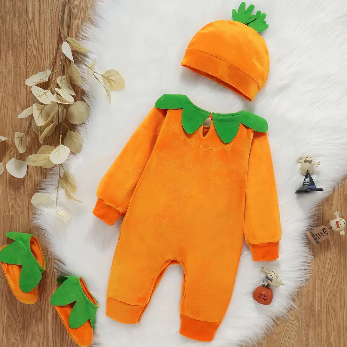 Baby Halloween Pumpkin Costume Set Cute Infant Romper With Hat Shoes For Toddler Kids Party Photoshoot Soft Velvet Outfit 3-24M