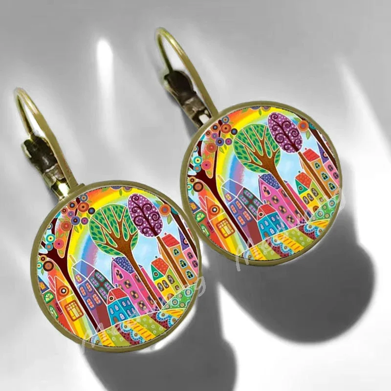 2024 Natural Scenery Earrings beautiful village Women Stud Earring  Abstract Oil Painting House Glass Cabochon Earrings  jewelry