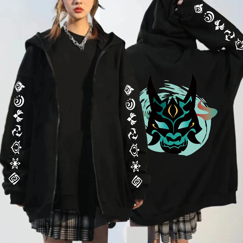 Genshin Impact Xiao Mask Fangs Anime Print Zipper Hoodies Men Women Harajuku Fashion Long Sleeve Plus Size Zipper Jacket Coat