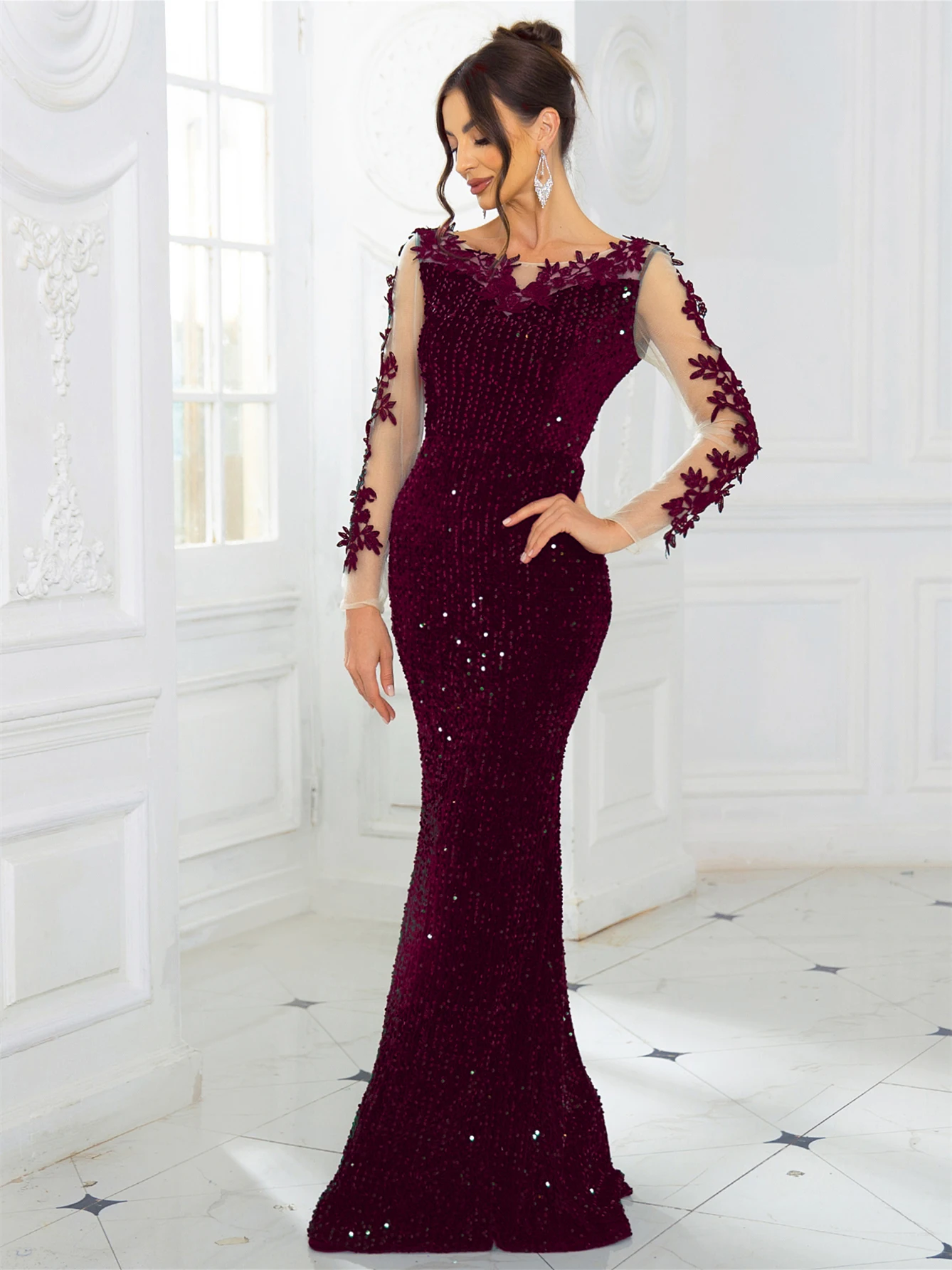 Blue Sequins Evening Party Dress O Neck Mesh Long Sleeves With Flowers Elagant Ball Gown Celebrity Women Dress Floor Length