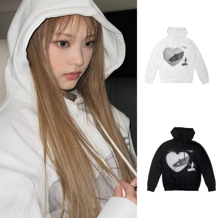 Kashiko Hoodie Love Heart Pattern Unlined Cotton Long Sleeve Street Style Women's Sweatshirt for Ages 18-24 Autumn Season