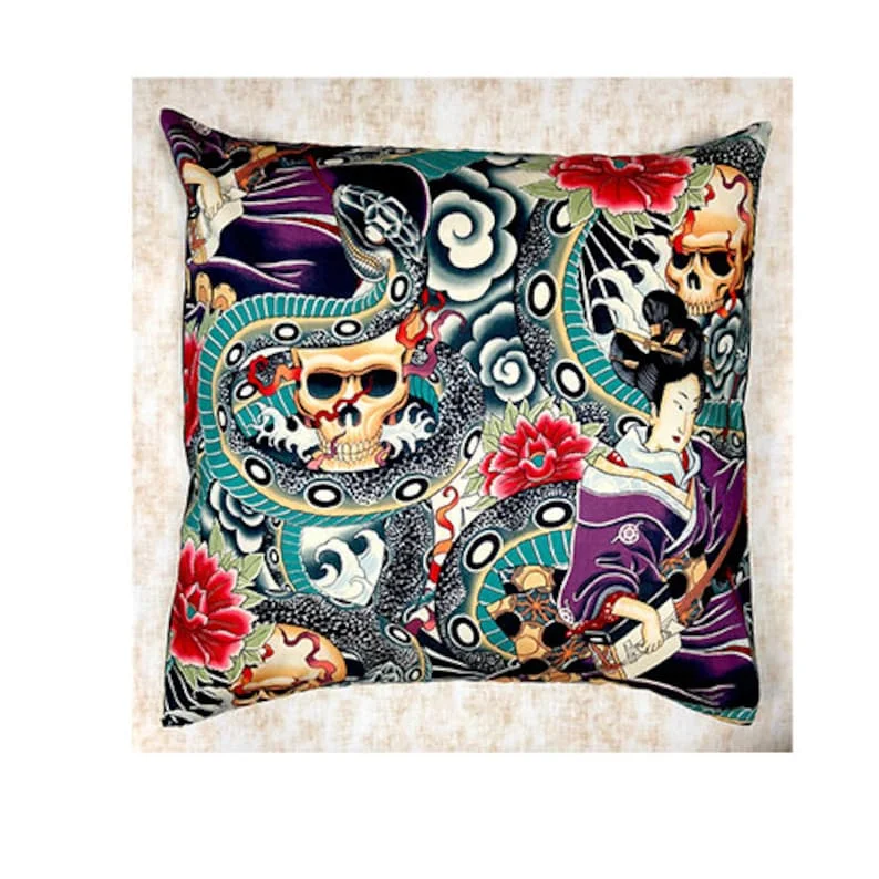 Awesome japanese tattoo style design with Geisha, Snakes & Skulls ~ Cushion Cover Fits an 18