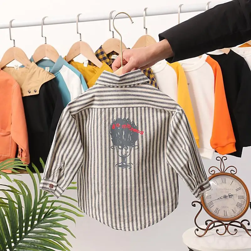 

2023 Spring New Boys Clothing Long Sleeve Lapel Thin Korean Version Kids Spliced Pocket Striped Cartoon Pattern Printed Shirt