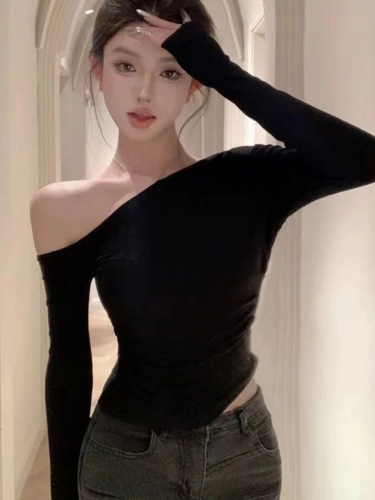 

NUOMICI K-Fashion футболки с косым воротником и открытыми плечами и длинными рукавами, женские осенние новые однотонные облегающие укороченные топы, сексуальные футболки