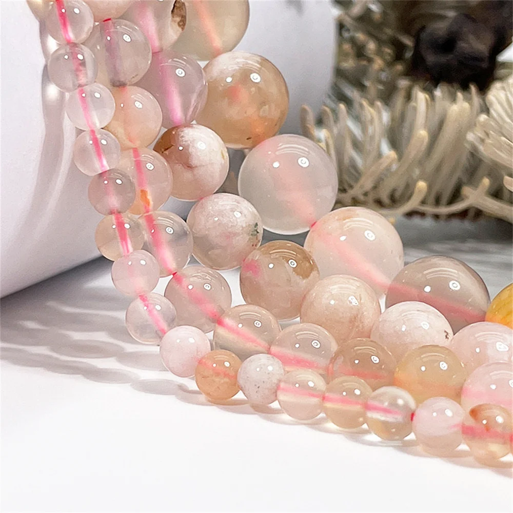 Natural Stone Cherry Blossom Powder Agate Round Beads 4-12MM Onyx for Jewelry Making DIY Necklace Bracelet Keychain Accessories