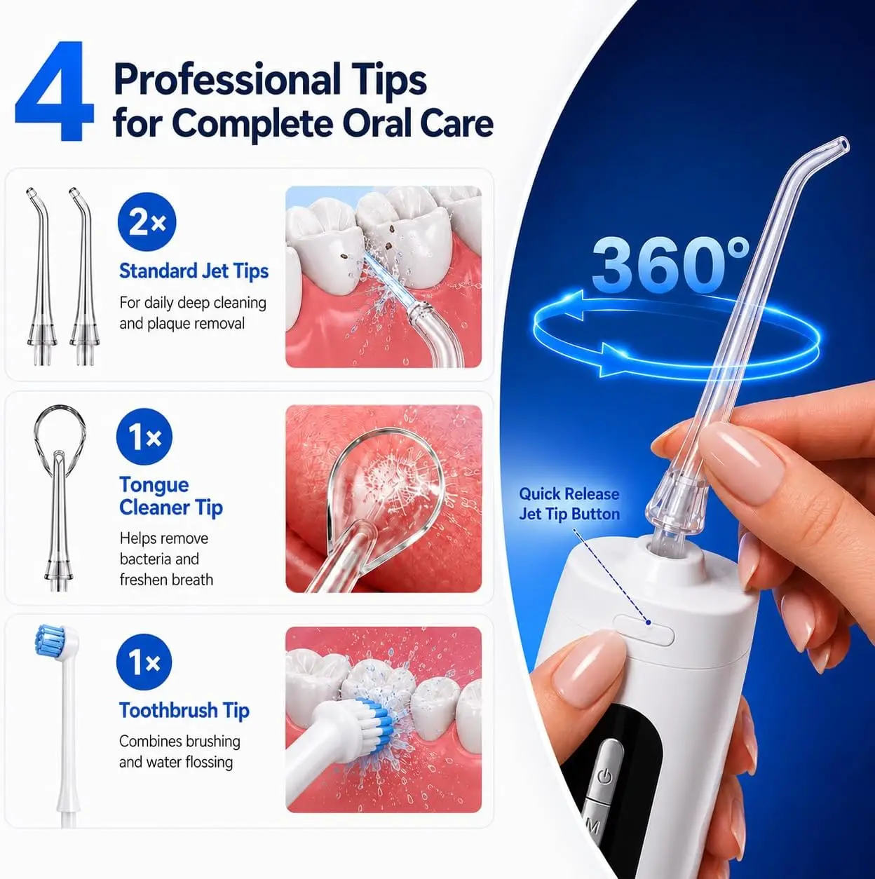 Cordless Portable Oral Irrigator Water Flosser 9 Pressure Levels 300ml Tank USB-C Rechargeable IPX7 Waterproof Braces Travel Use
