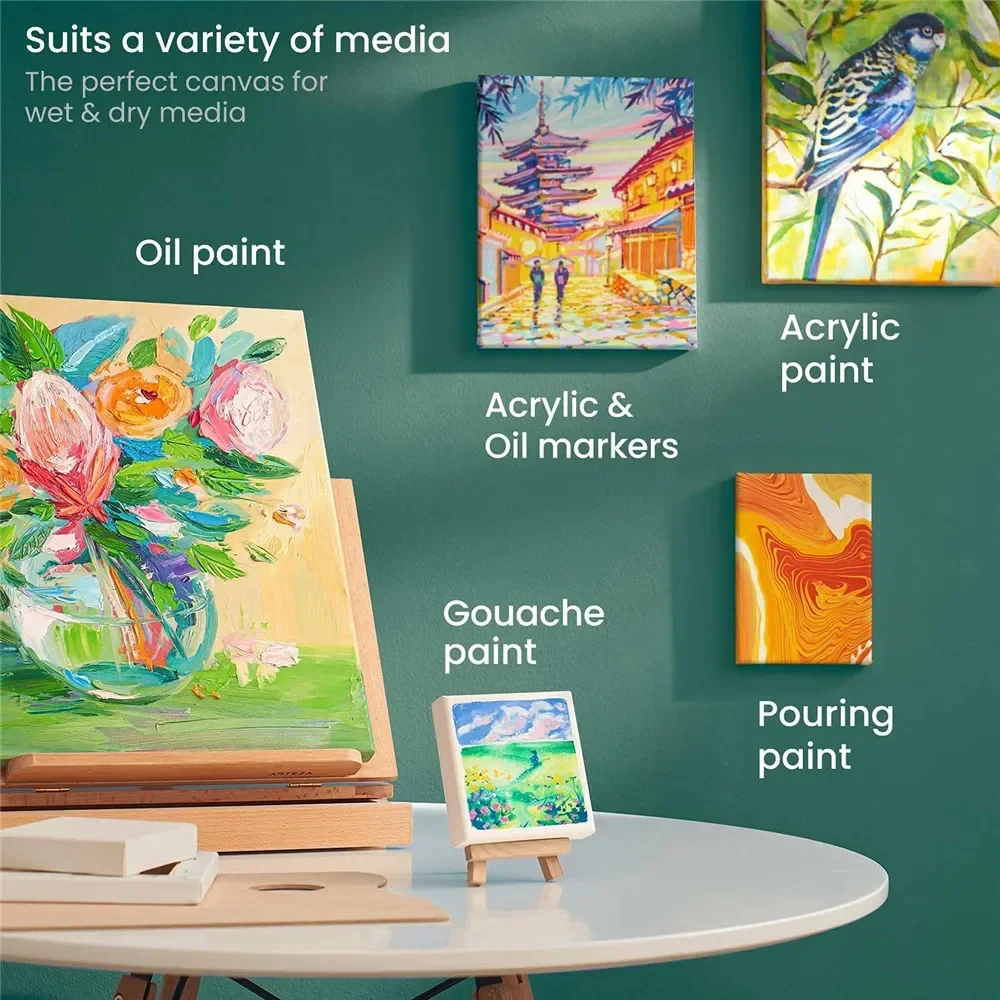 4 Stück/Packung, professionelle gespannte Leinwand, grundiert, weiß, 100 % Baumwolle, Leinwandbretter zum Gießen von Acryl, Ölfarbe, trockene und nasse Kunstmedien – Detail 11