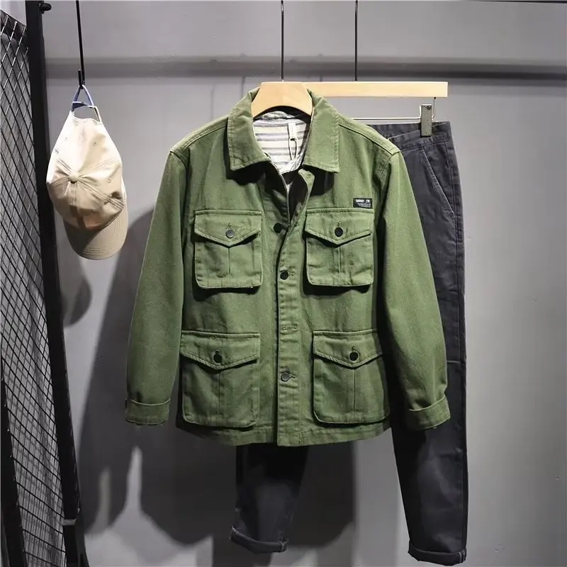 2026 Herren Heavyweight-Jacke aus gewaschener Baumwolle mit mehreren Taschen, locker geschnittene Arbeitsjacke, Freizeit-Oberbekleidung für Frühling und Herbst, Streetwear-Oberteil