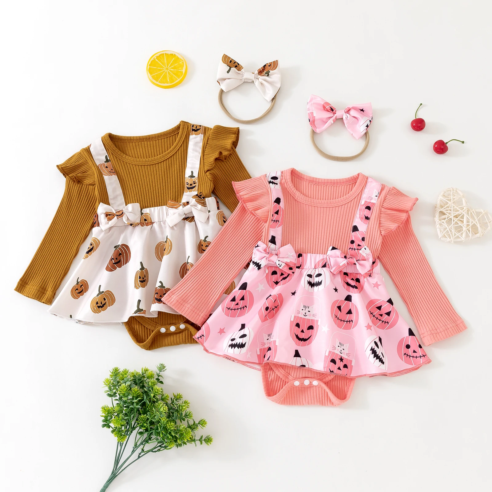 

Платье с принтом тыквы для маленьких девочек и головным убором, комплект одежды для младенцев, милый наряд для малышей с аксессуарами