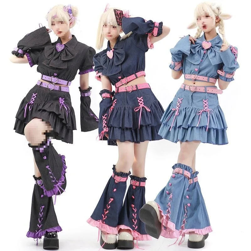 2026 New Japanese Sweet Punk Denim Lolita Outfit Women's Pink Heart Bow Short Top + Ruffle Skirt Leg Warmers Set Cosplay Costume