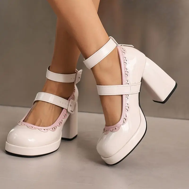 أورشا ليزا 2025 الحلو المرأة ماري جينس مضخات جولة تو 9.5 سنتيمتر عالية الكعب 2 سنتيمتر منصة مشبك مزدوج حزام كبير الحجم 42-43 US12