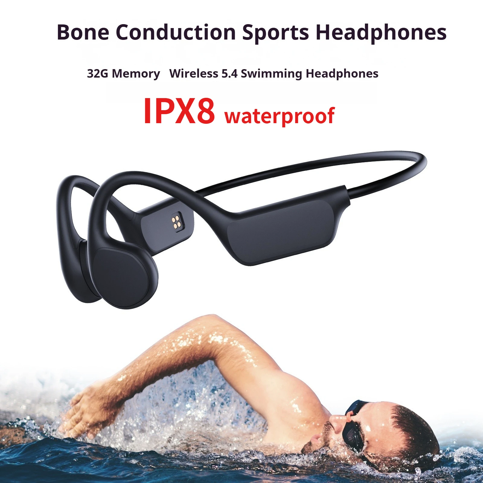 

Wireless Earphones Bluetooth 5.4 Bone conduction Ear Hooks ENC Waterproof IPX8 32G RAM MP3 swim Sport Riding music Headphones