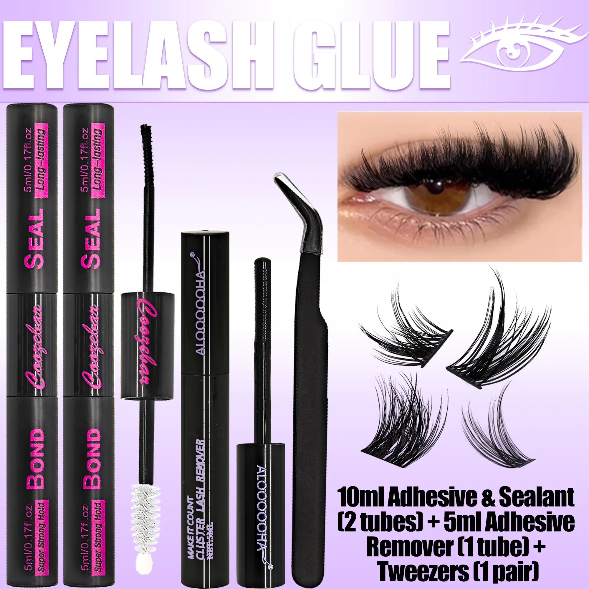 4-Piece Eyelash Set: Includes Two 2-in-1 Eyelash Adhesives (Bonding Agent and Sealer), Eyelash Tweezers, and Remover.