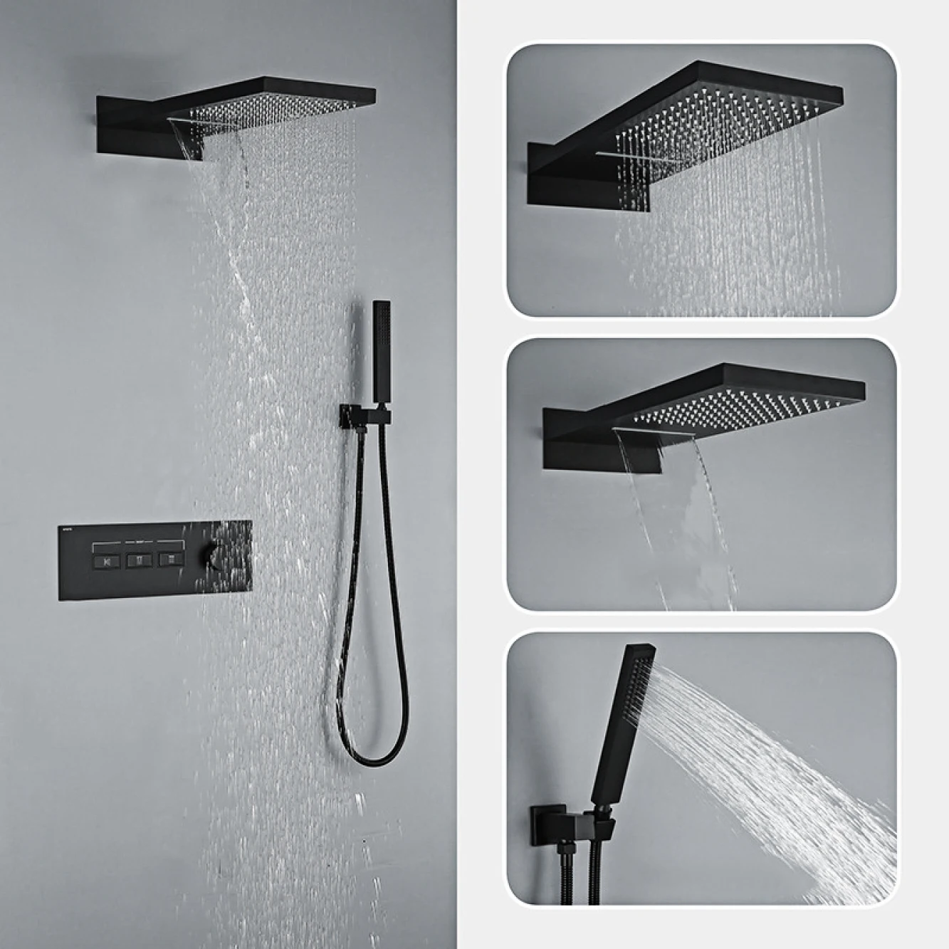 Imagem -03 - Torneira de Chuveiro de Latão Preto Simples High-end Interruptor de Chave de Design de Parede Cascata de Funções Sistema de Tomada de Água