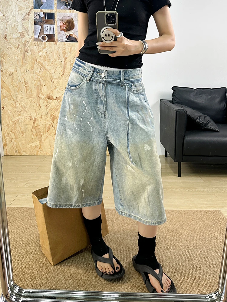 

American Style Vintage Summer Men's Loose Straight Leg Mid-Waist Jeans Washed Wide Leg Short Shorts Casual Youth Fashion