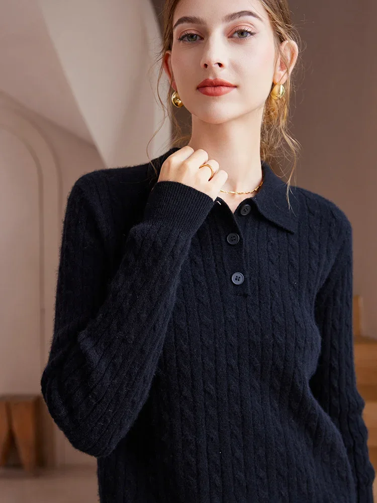 2024 Women Fall Winter Polo Collar Wool Cashmere Pullover Sweaters Allover Cable Winter Jumper High-end Knitted Tops