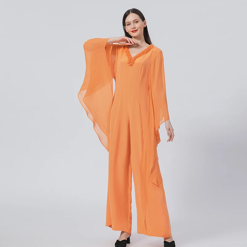 Elegant Ruffles Long Sleeve Mid Waist Silk Jumpsuits Autumn New Chic Solid V-Neck High Street Jumpsuit Women Party KE583