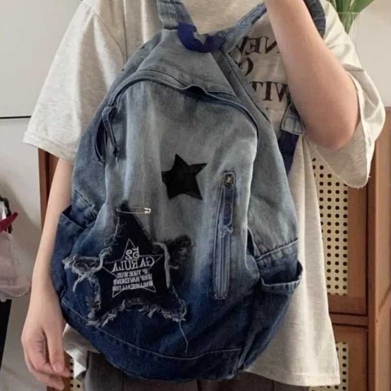 JIAERDI Vintage Star Harajuku Backpack Wanita Denim Kapasitas Besar Tas Ransel Pelajar Y2k Serbaguna untuk Sehari-hari Mochilas Mujer Baru