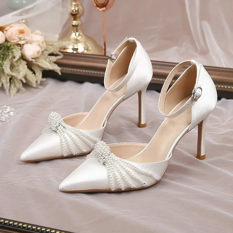 String Bead Women Pumps Pointed Thin Heels White Wedding Shoes Woman Bridesmaid High Heels Sexy Satin Single Shoes for Women