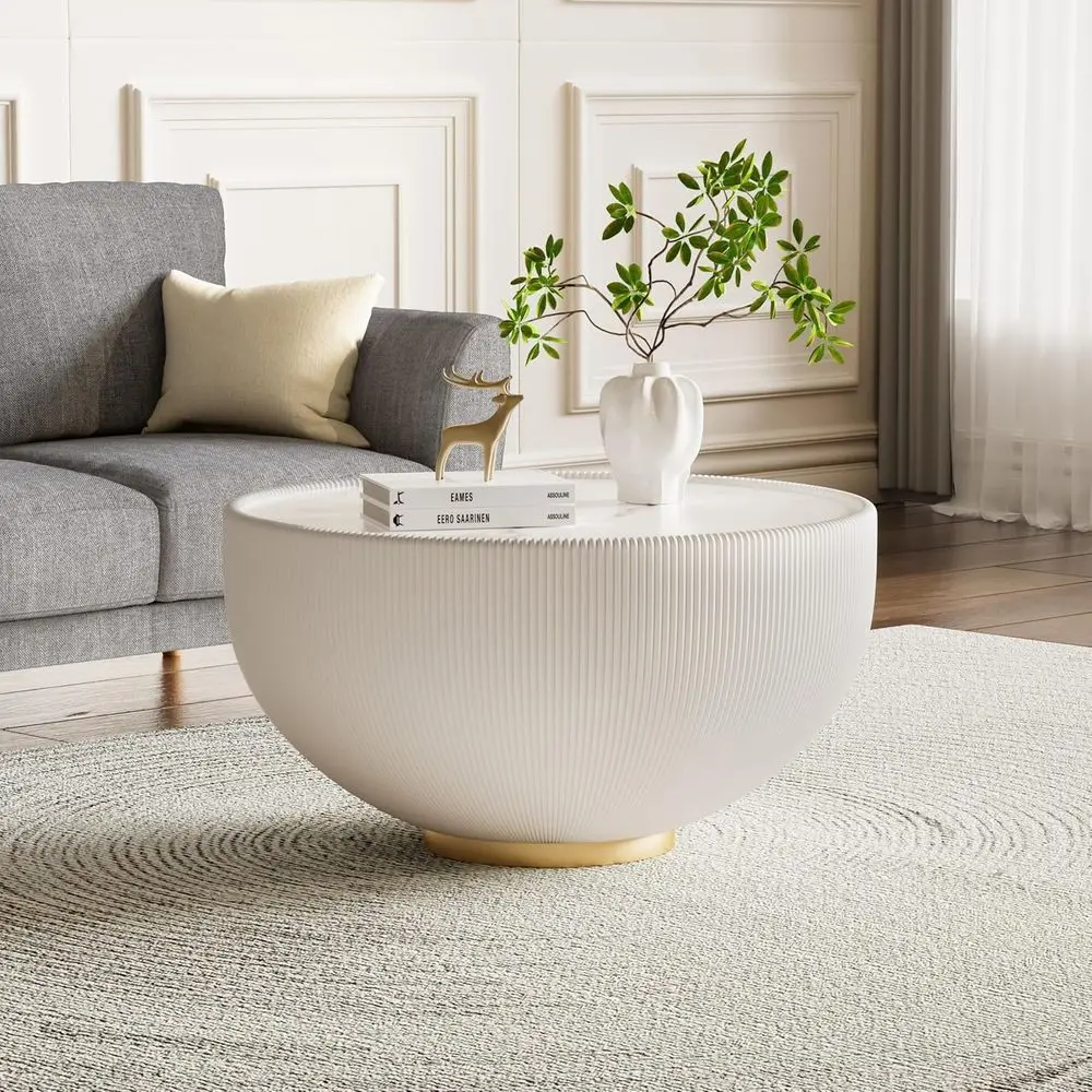 

ern Round Coee Table, Drum Coee Table with Sintered Stone Tabletop, luted PU Leather Covered and Metal Base, 27.53" White Coee T