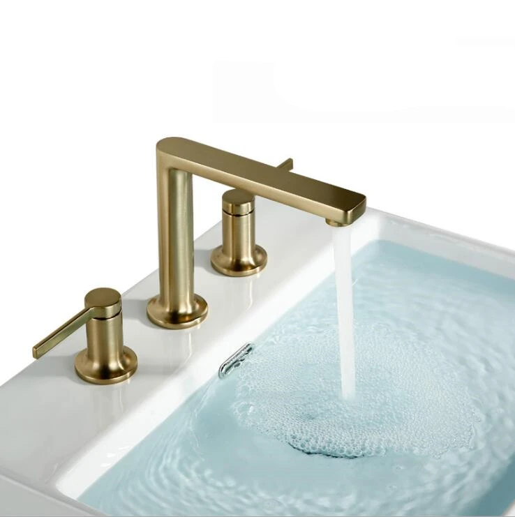 Deck Mounted 3 Holes Bathroom Mixer Tap Brushed Gold Basin Faucet