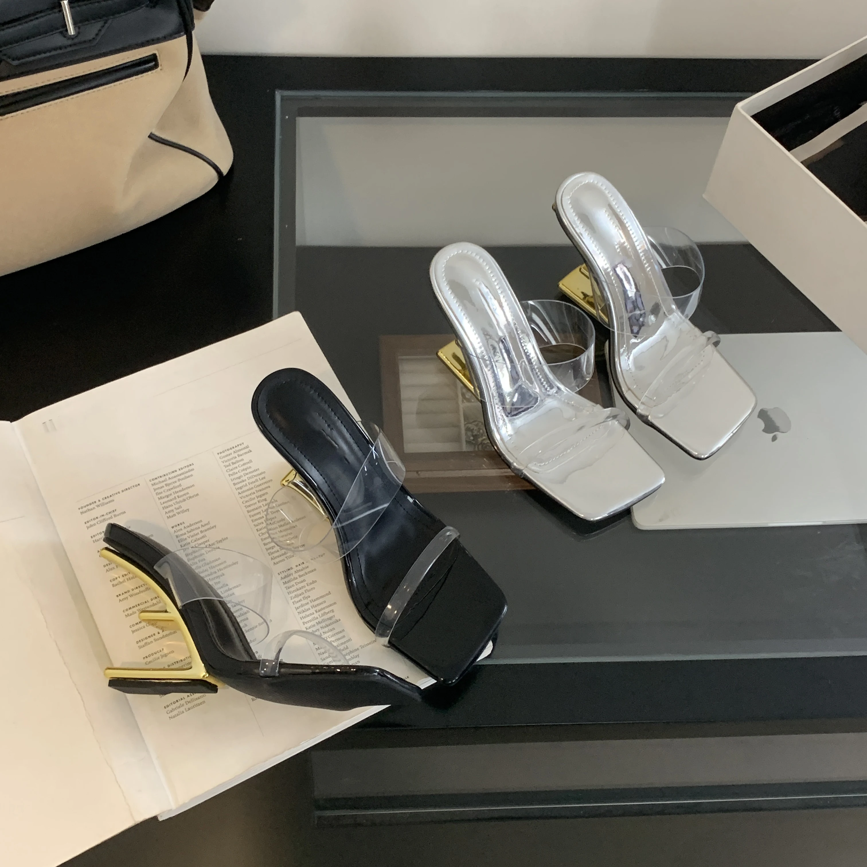 Aneikeh Summer Fashion Transparent  PVC Golden Fretwork Heels Sandals Women Sexy High Heels Slippers Exposed Toes Party Shoes