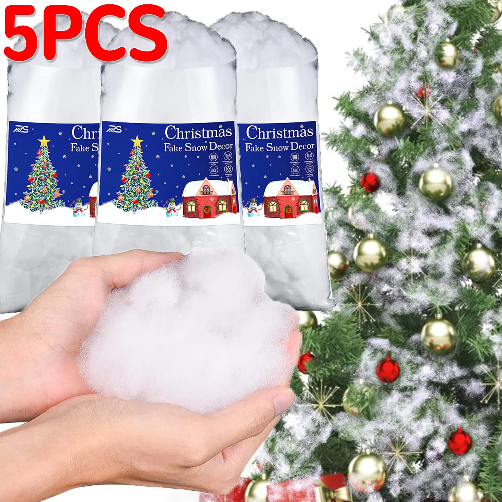 5/1pcs Christmas Fake Snow Artificial Cotton White Snow Fluffy Fiber Stuffing Snow Covering for Winter Xmas Tree Party Decor