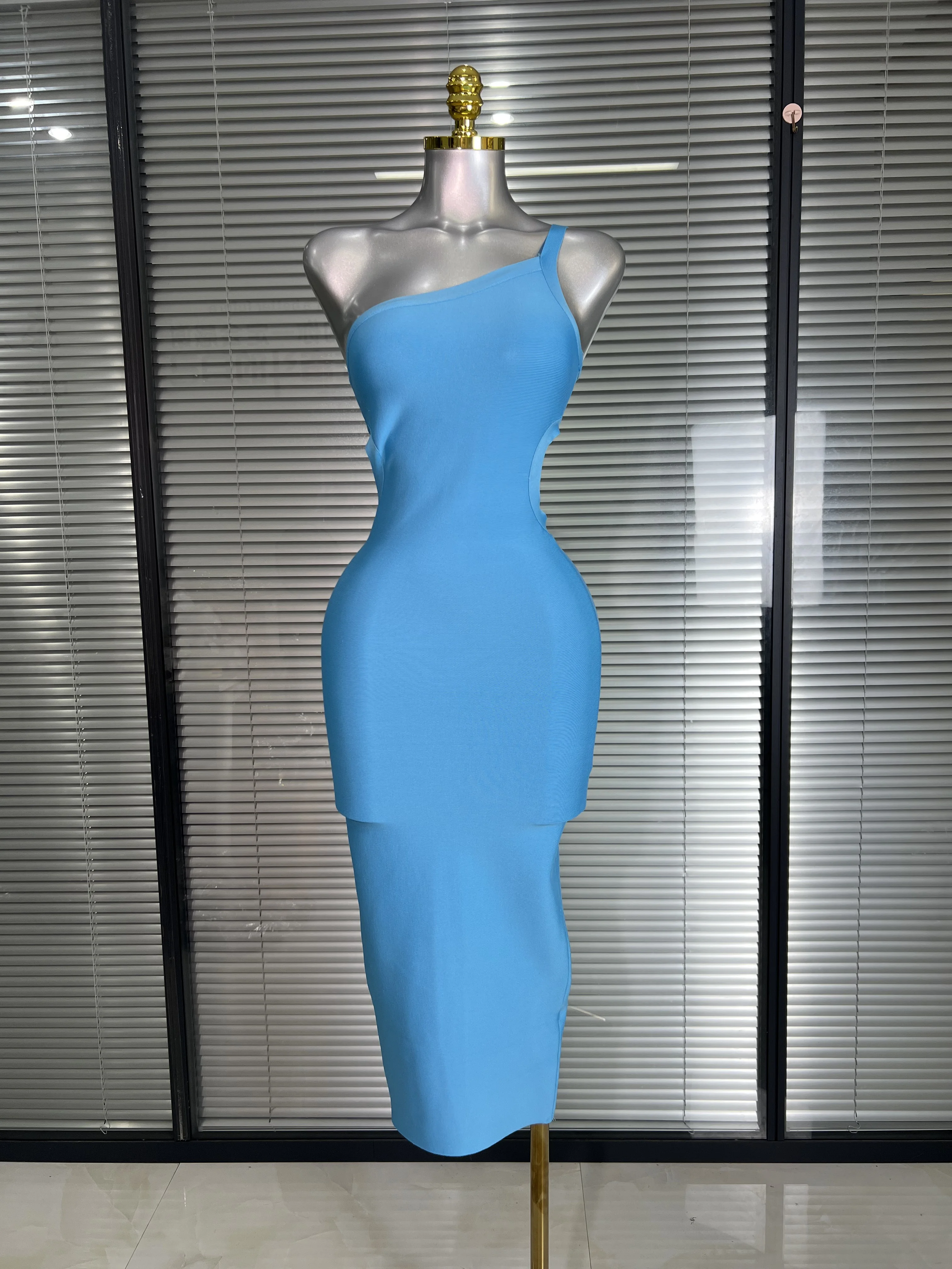 

Vestido New INS Sexy Women One Shoulder Sky Blue Bandage Dress Celebrity Knitted Bodycon Party Midi Dress