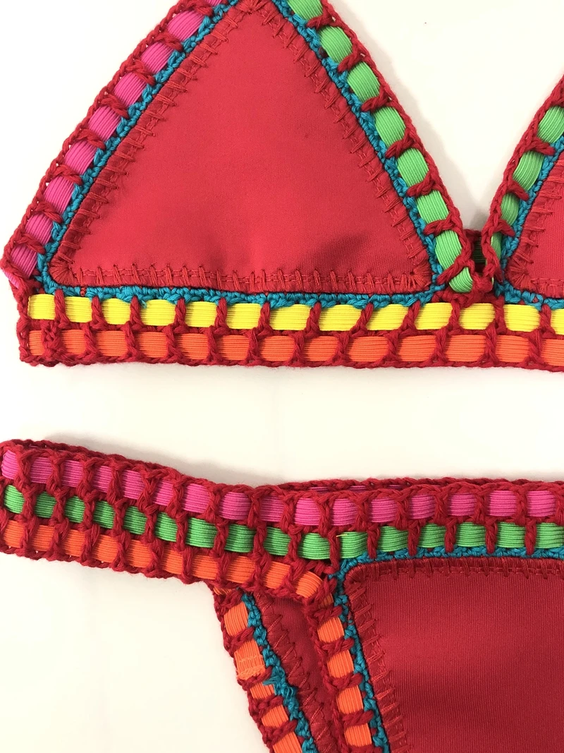 Women Boho Sexy Swimwear with Elastic Handmade Red Crochet Beachweaar 2 Pieces Bikini Set Poolside Wear Vacation Outfits