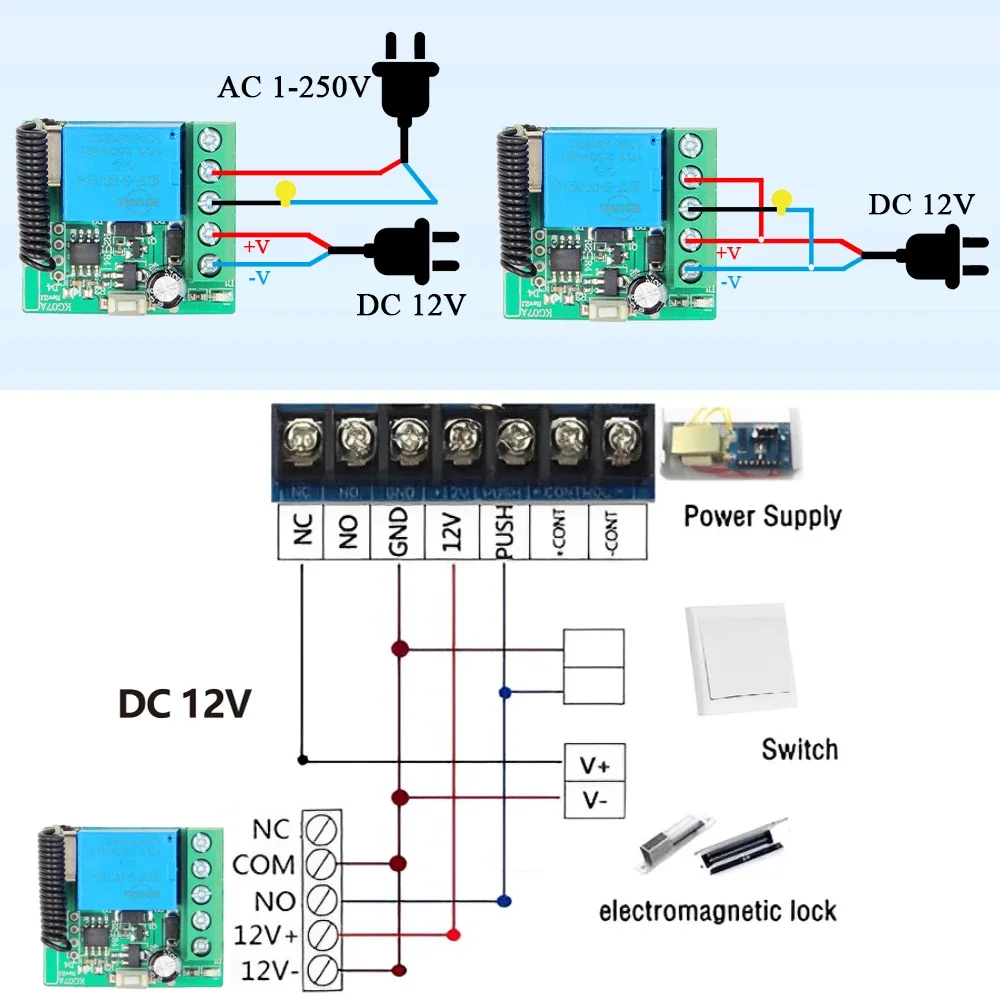 RF Receiver and Wireless Remote Control with A/B button Transmitter 50m 433MHz DC 12V 1CH Relay Module for LED/DIY