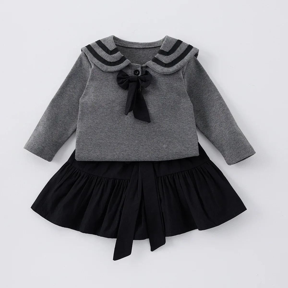 Girl Baby Academy Style Set Spring New Small Black Skirt Lace Pleated Skirt Bow Hoodie Two Piece Set