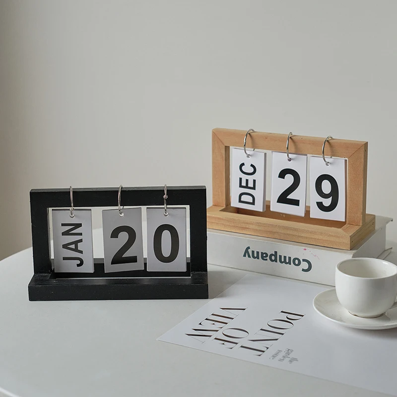 Pastoral Style Wooden Perpetual Calendar,Nordic Wooden Calendar Flip Month Date Display,Bedroom Office Desk Small Decoration