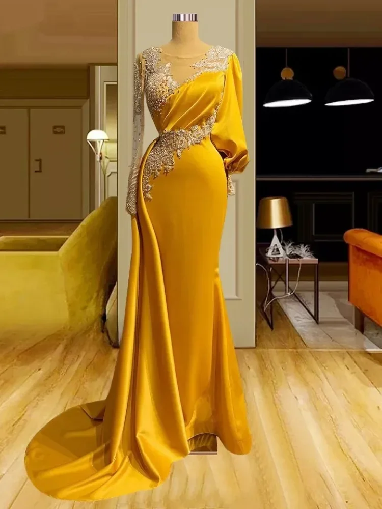 Robe de Soirée de Forme Sirène à Manches sulfet Perles Personnalisées, Tenue de Bal, de Luxe, Arabe, Dubaï, 2025