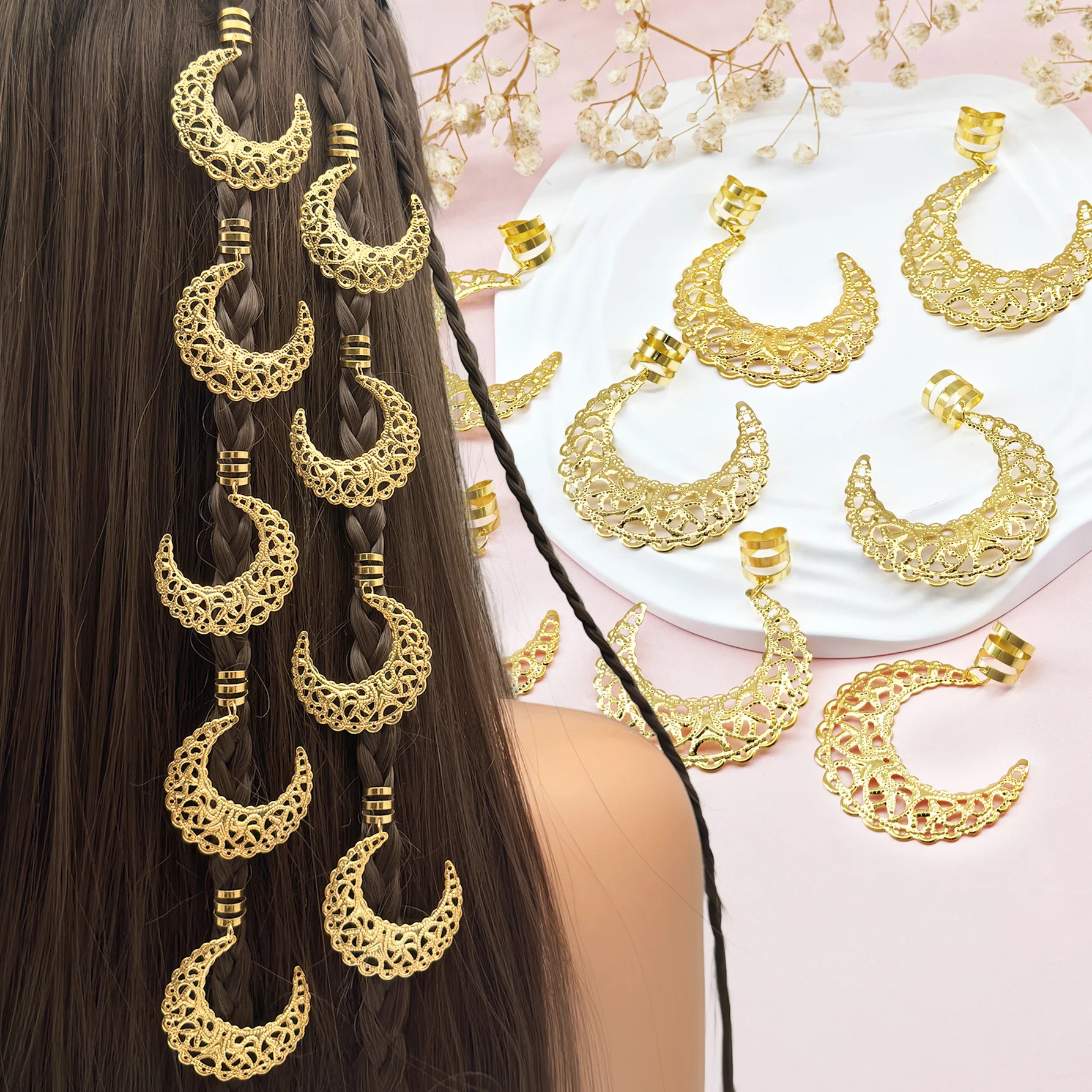 10 Stück strukturierte Mond-Haarspangen aus Metall, modische goldfarbene Haar-Accessoires, Y2K-Clips, Haarklammern, Haarspangen, Schulmaterial