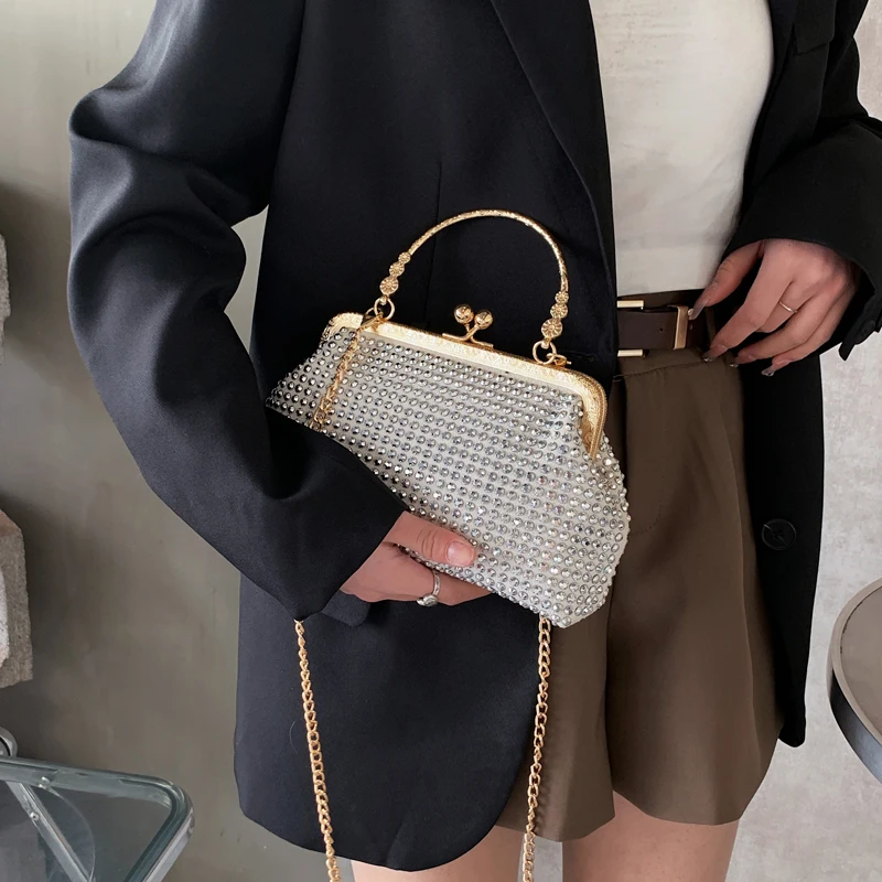 Luxury Crossbody Bag Women\'s Metal Frame Bag with Diamonds Shining Handbag Purse Party Clutch Bag Female Shoulder Evening Bag