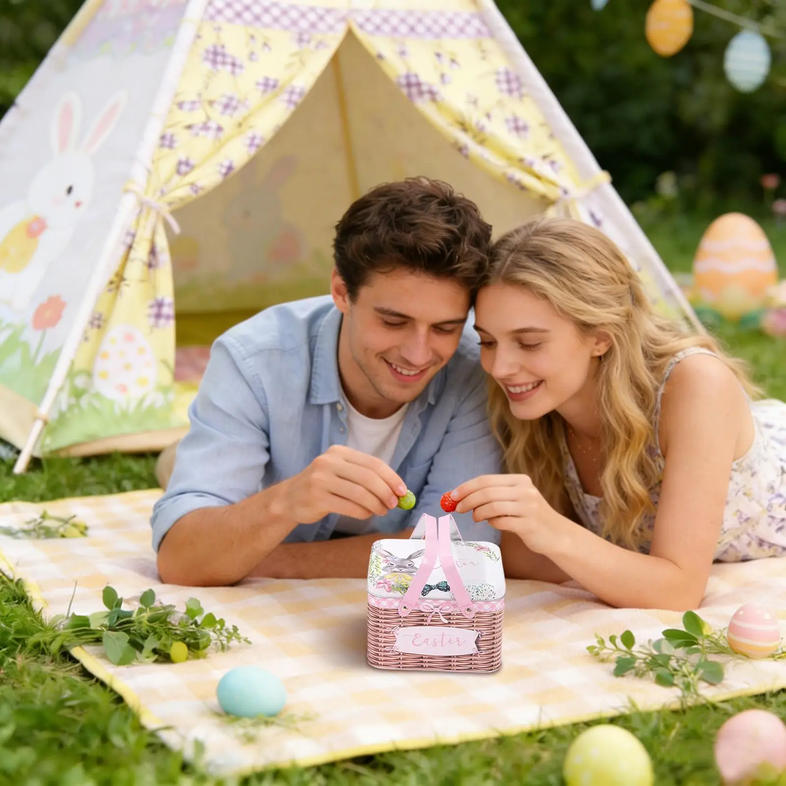 Cesta de Pascua de metal con tapa y asa, soporte para dulces de Pascua, para fiestas, chocolates, rellenos de calcetines navideños, regalos para citas