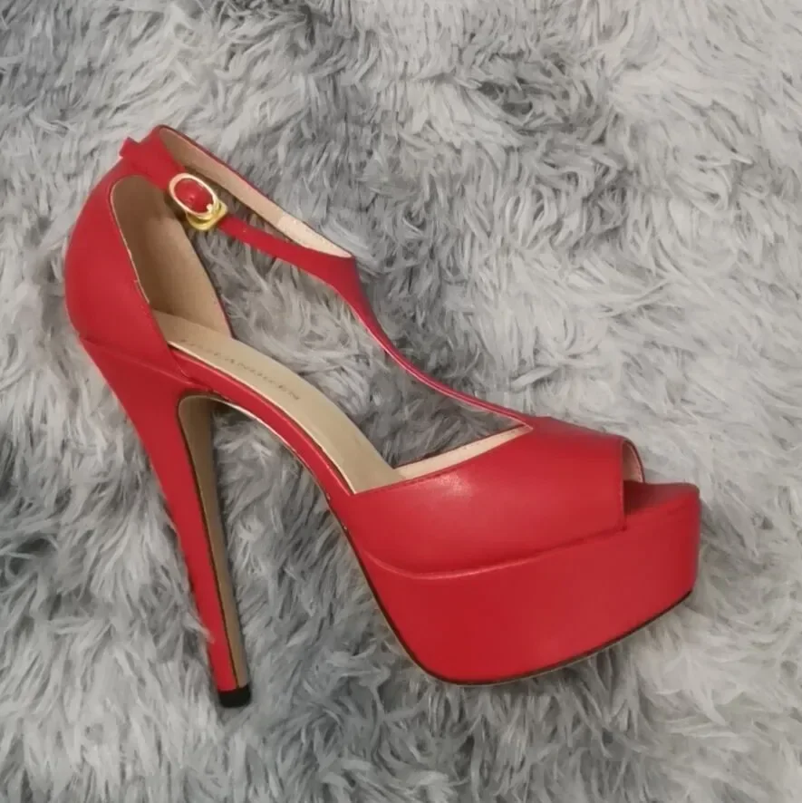 

Women Sandals Stilettos Sexy 14cm Peep Toe T-Strap Platform High Heels Lady Gradient Pumps Party Red Wedding Shoes Large Size 44
