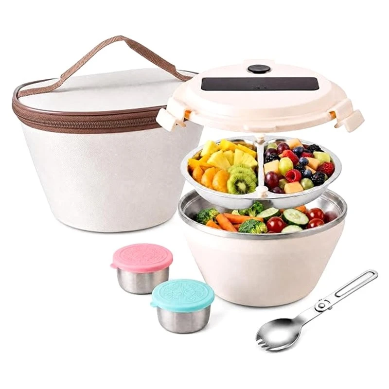 CMHI-Salad Bowl Kit, For Lunch,Salad Container, Removable Divided Tray, 2 Dressing Cups, Leak-Proof Airtight, Dishwasher Safe