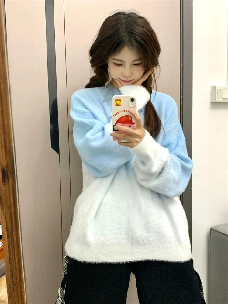 O-neck Pullover Women Gradient Loose Fluffy Knitting Leisure Long-sleeve Korean-style All-match Gentle College Girlish Sweet New