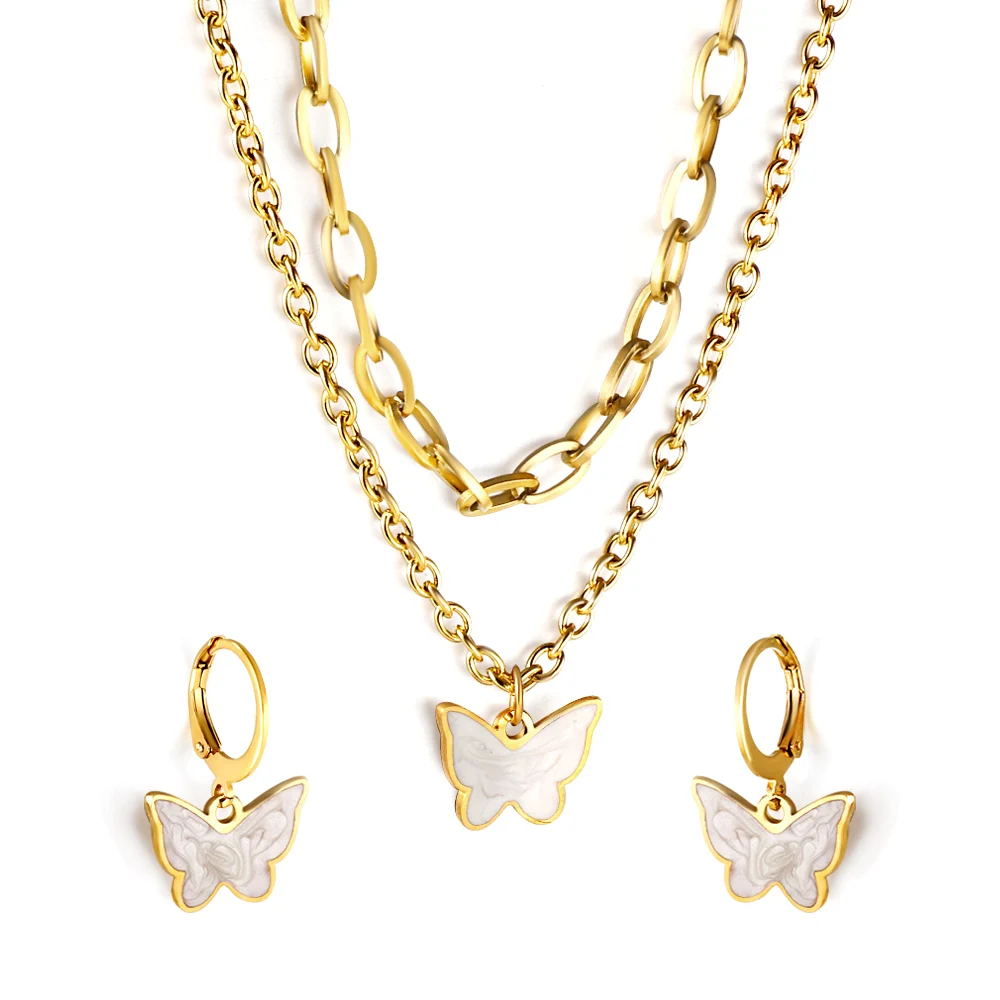 Fashion Butterfly Shape White Shell Layer Chain Necklace Earrings Set 18K Gold Plated Stainless Steel 2 Pieces Jewellery Set