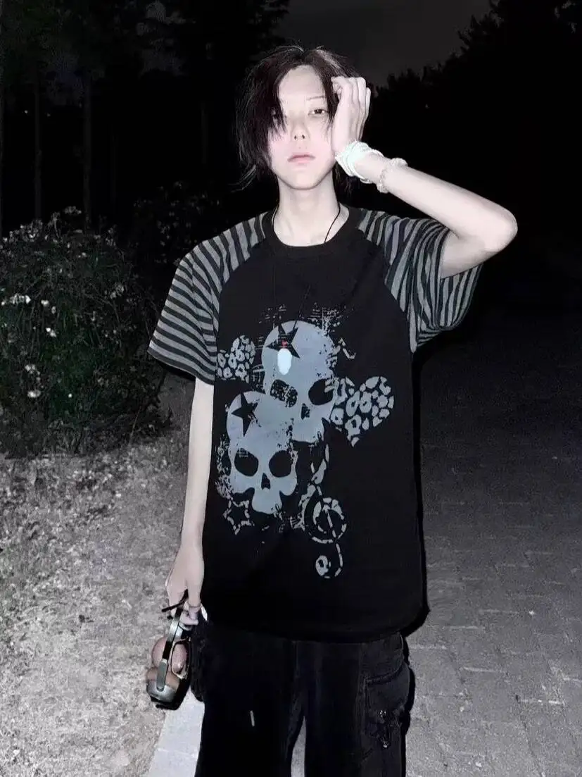 Gothic Punk T-shirt 2026 New American Subculture Tattoo Skull Print T Shirt Unisex Short Sleeve Top Vintage Streetwear Top