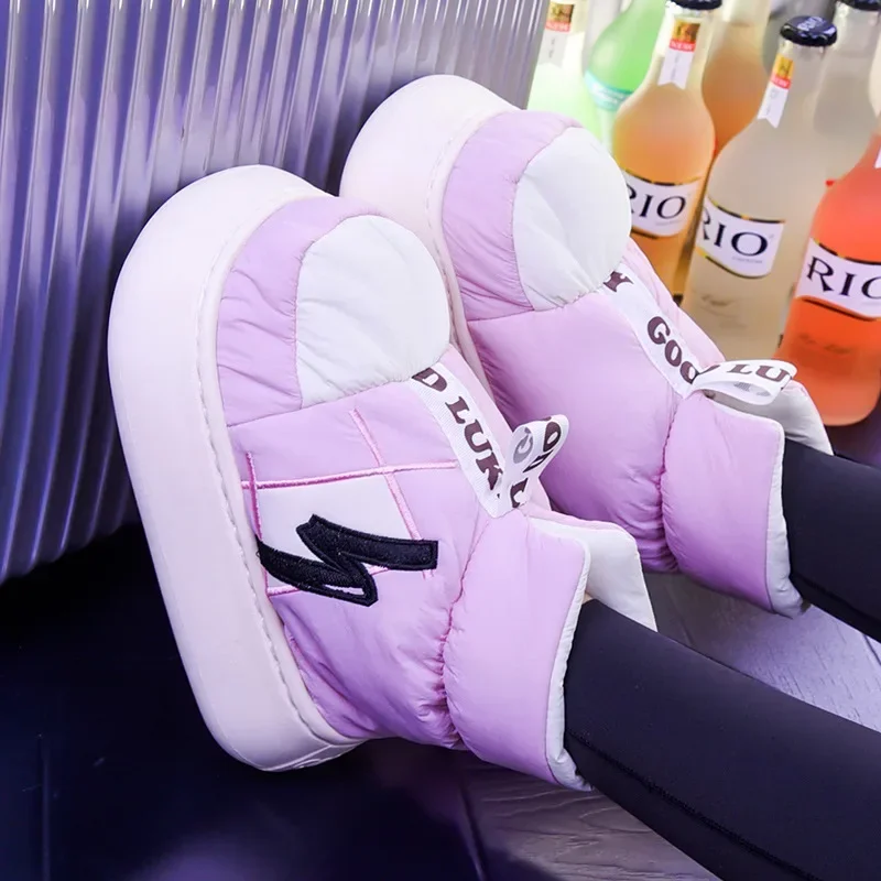 Women Winter Warm Shoes 2024 Plush Lining Indoor Cotton Slippers Couple Platform High Top Snow Boots Female Male Home Slipper